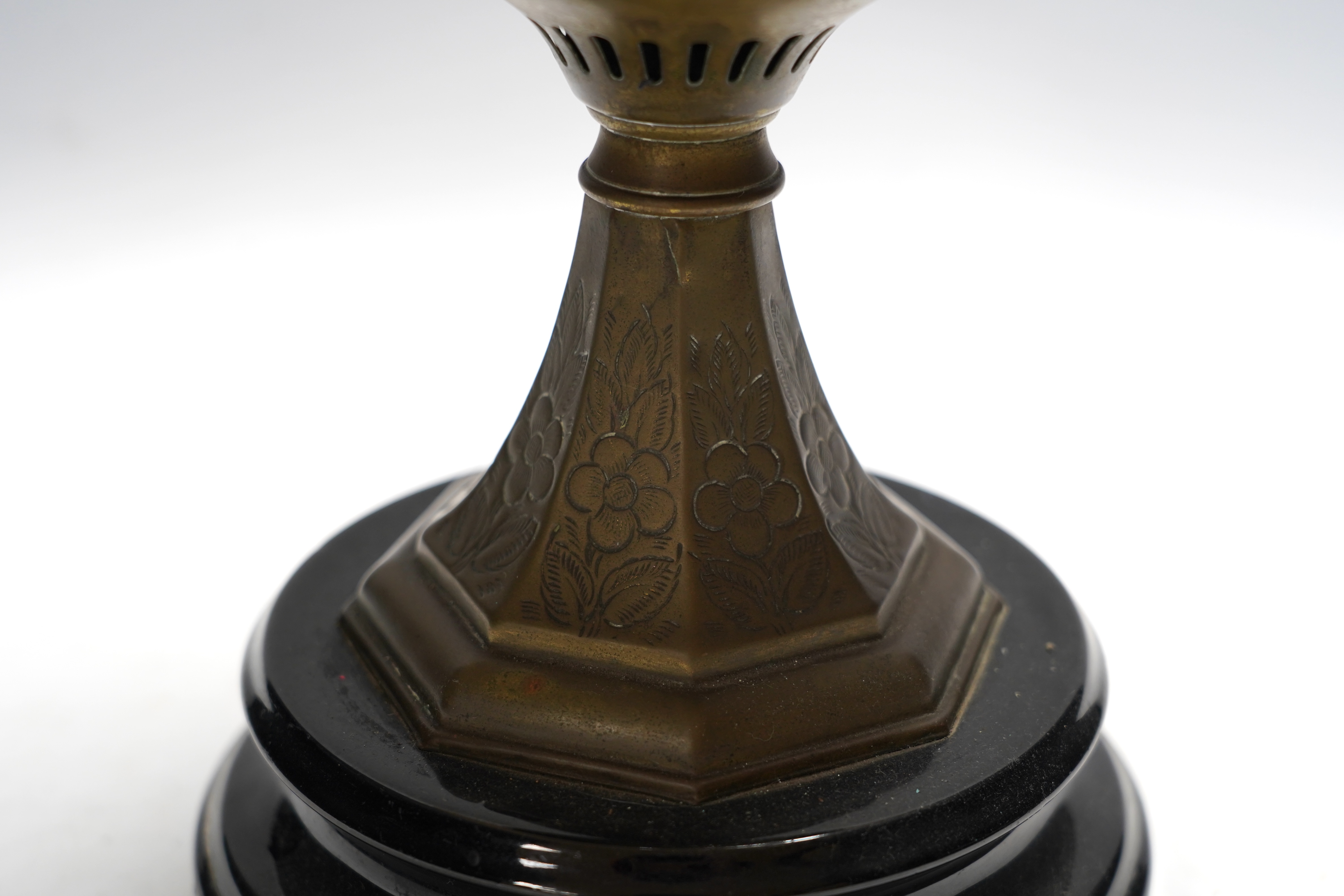 A Victorian glass and brass oil lamp by Jones & Willis, 53cm high